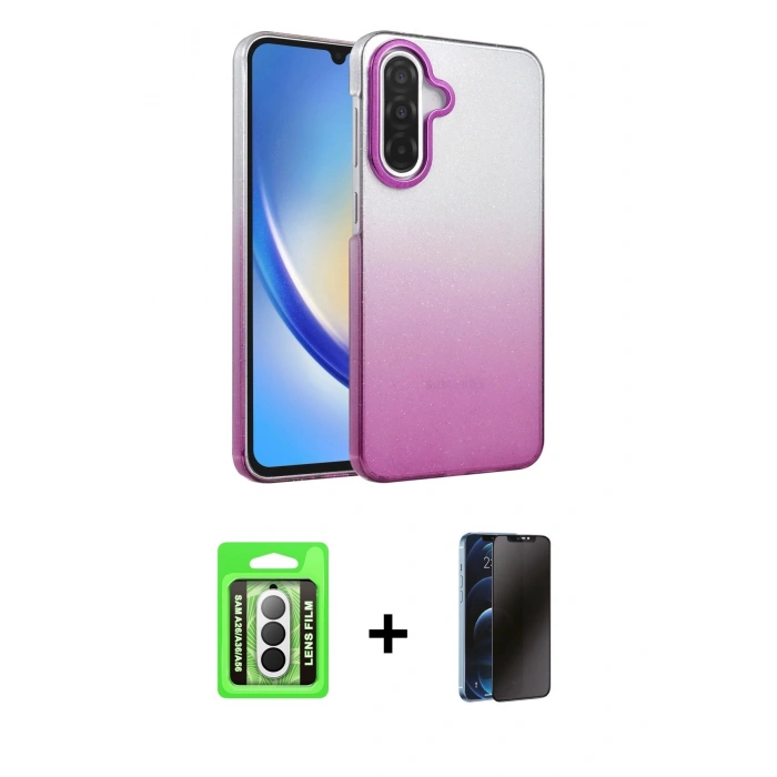 MARSİLYAN™- Galaxy A26 Kılıf Kıvılcım Minimal Özel Seri - Siyah 3D Antistatik Hayalet Cam Ekran Koruyucu + Raze Metal Kamera Lens - GS