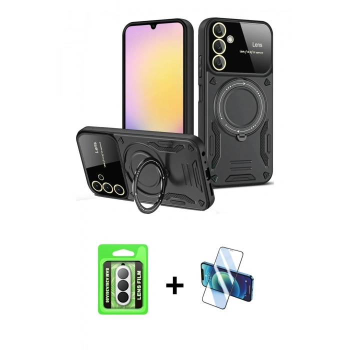 MARSİLYAN™- Galaxy A26 Kılıf Kıvılcım Modern Serisi - Siyah 3D Antistatik Seramik Nano Ekran Koruyucu + Raze Metal Kamera Lens - GS