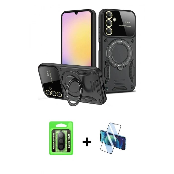 MARSİLYAN™- Galaxy A26 Kılıf Kıvılcım Modern Serisi - Siyah 3D Antistatik Seramik Nano Ekran Koruyucu + Raze Metal Kamera Lens - SH