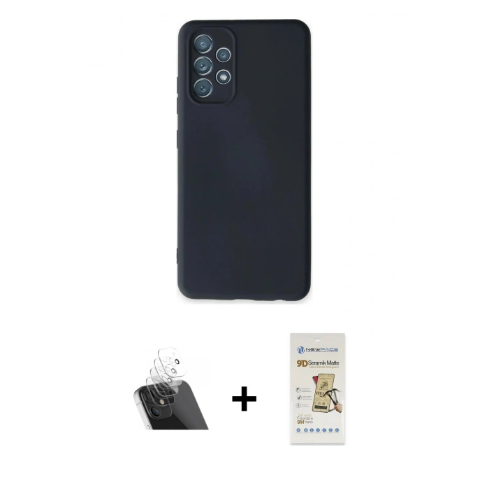 MARSİLYAN™- Galaxy A32 Kılıf Ahenk Serisi - Siyah Mat Seramik Nano Ekran Koruyucu + Kamera Lens Koruma Cam - SF