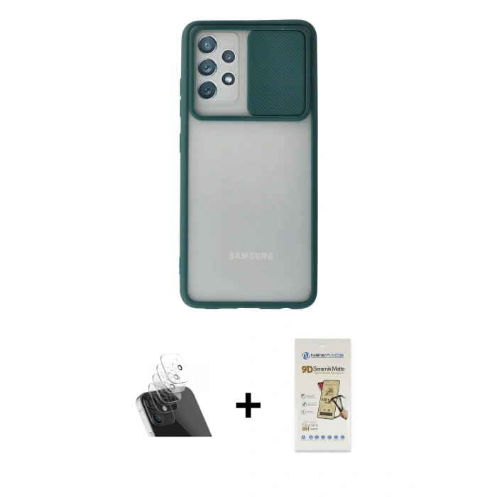 MARSİLYAN™- Galaxy A32 Kılıf Vadi Çizgi - Siyah Mat Seramik Nano Ekran Koruyucu + Kamera Lens Koruma Cam - SF