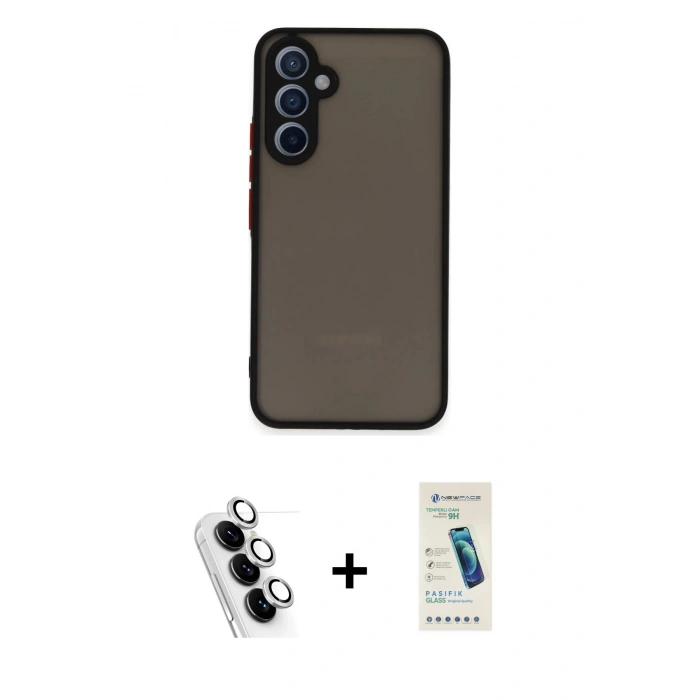 MARSİLYAN™- Galaxy A34 5G Kılıf Ahenk Çizgi Serisi - Şeffaf Pasifik Cam Ekran Koruyucu + Valdez Metal Kamera Lens - GS