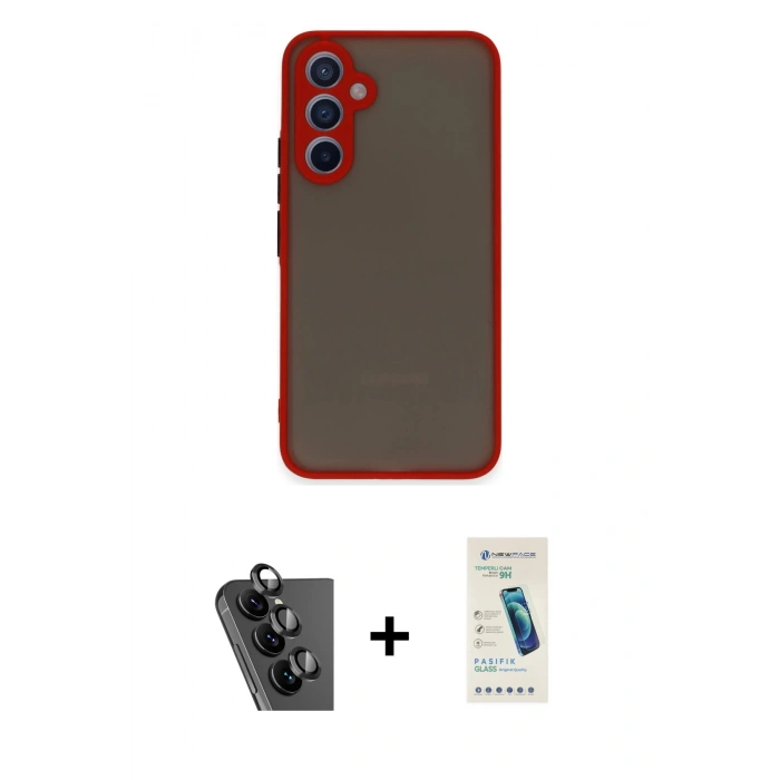 MARSİLYAN™- Galaxy A34 5G Kılıf Ahenk Çizgi Serisi - Şeffaf Pasifik Cam Ekran Koruyucu + Valdez Metal Kamera Lens - SH
