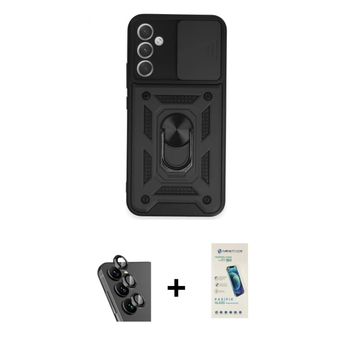 MARSİLYAN™- Galaxy A34 5G Kılıf Ahenk Klasik - Şeffaf Pasifik Cam Ekran Koruyucu + Valdez Metal Kamera Lens - SH