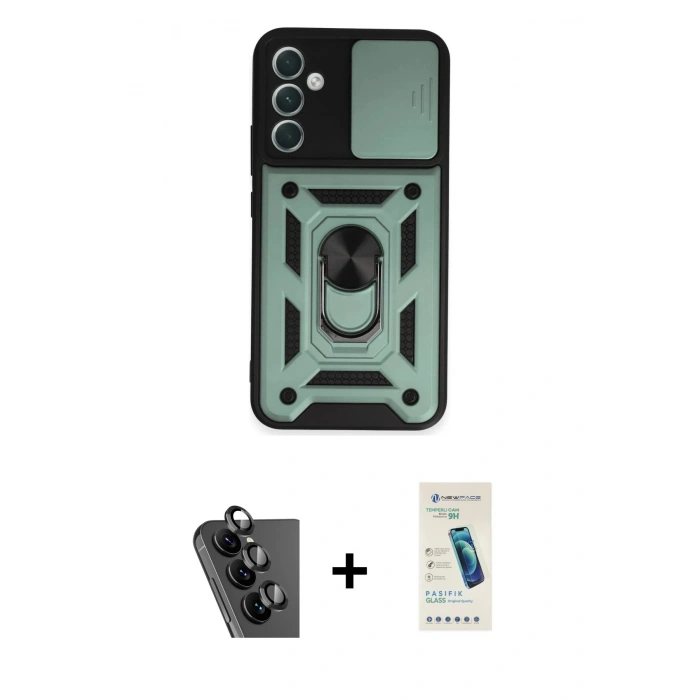 MARSİLYAN™- Galaxy A34 5G Kılıf Ahenk Klasik - Şeffaf Pasifik Cam Ekran Koruyucu + Valdez Metal Kamera Lens - SH