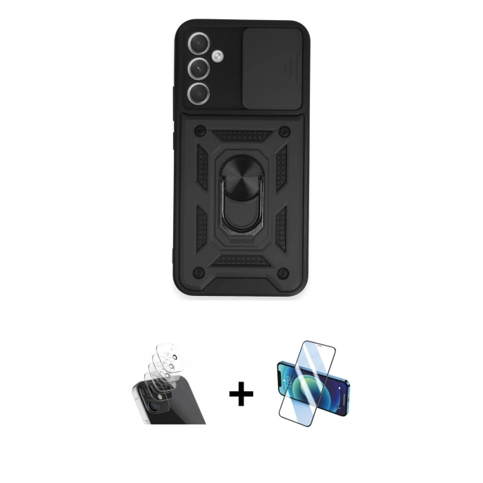 MARSİLYAN™- Galaxy A34 5G Kılıf Ahenk Klasik - Siyah 3D Antistatik Cam Ekran Koruyucu + Kamera Lens Koruma Cam - SF