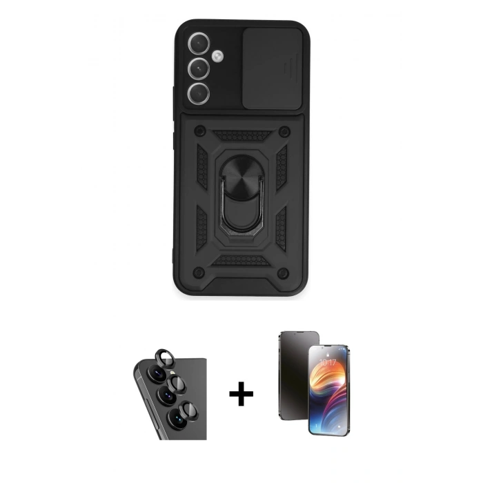 MARSİLYAN™- Galaxy A34 5G Kılıf Ahenk Klasik - Siyah 3D Antistatik Mat Seramik Nano Ekran Koruyucu + Valdez Metal Kamera Lens - SH