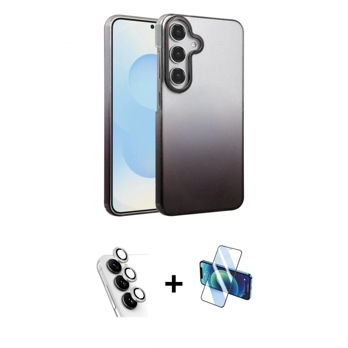 MARSİLYAN™- Galaxy A34 5G Kılıf Kıvılcım Minimal Özel Seri - Siyah 3D Antistatik Cam Ekran Koruyucu + Valdez Metal Kamera Lens - GS