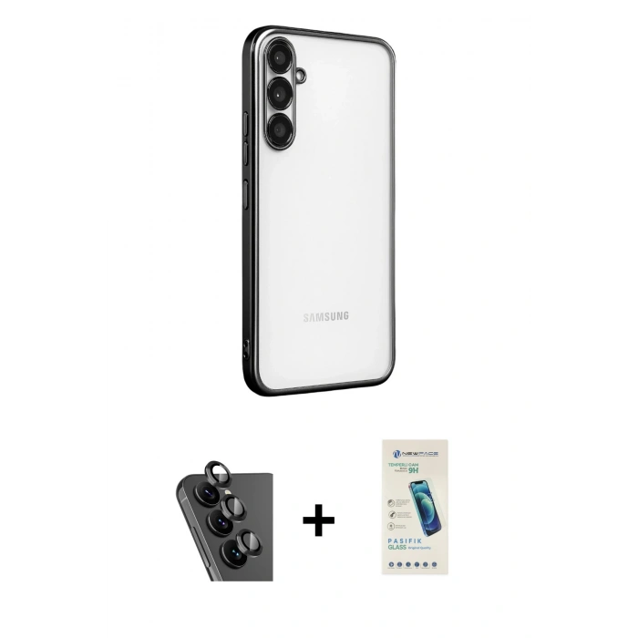 MARSİLYAN™- Galaxy A34 5G Kılıf Vadi Minimal - Şeffaf Pasifik Cam Ekran Koruyucu + Valdez Metal Kamera Lens - SH