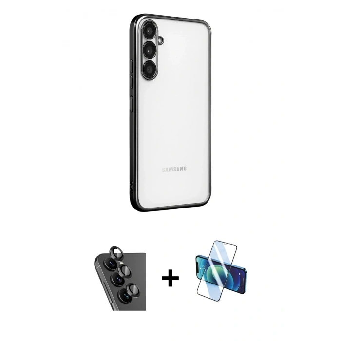 MARSİLYAN™- Galaxy A34 5G Kılıf Vadi Minimal - Siyah 3D Antistatik Seramik Nano Ekran Koruyucu + Valdez Metal Kamera Lens - SH