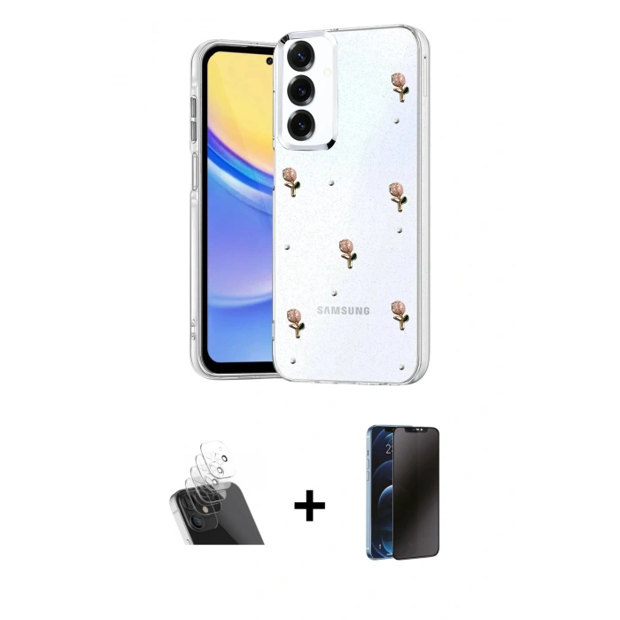 MARSİLYAN™- Galaxy A34 5G Kılıf Yörünge Form - Siyah 3D Antistatik Hayalet Cam Ekran Koruyucu + Kamera Lens Koruma Cam - SF