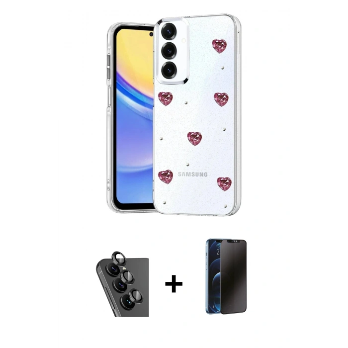 MARSİLYAN™- Galaxy A34 5G Kılıf Yörünge Form - Siyah 3D Antistatik Hayalet Cam Ekran Koruyucu + Valdez Metal Kamera Lens - SH
