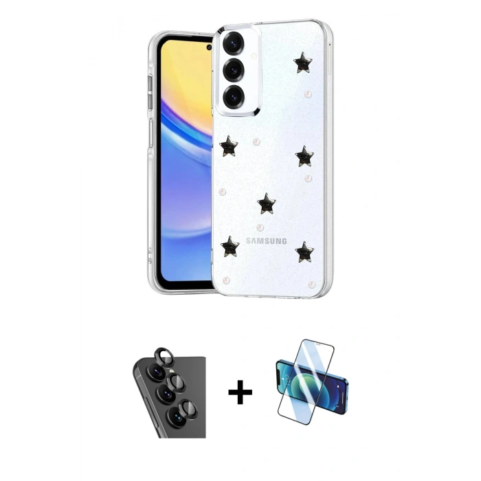MARSİLYAN™- Galaxy A34 5G Kılıf Yörünge Form - Siyah 3D Antistatik Seramik Nano Ekran Koruyucu + Valdez Metal Kamera Lens - SH