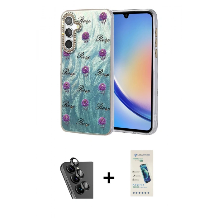 MARSİLYAN™- Galaxy A34 5G Kılıf Zirve Modern Prime - Şeffaf Pasifik Cam Ekran Koruyucu + Valdez Metal Kamera Lens - SH