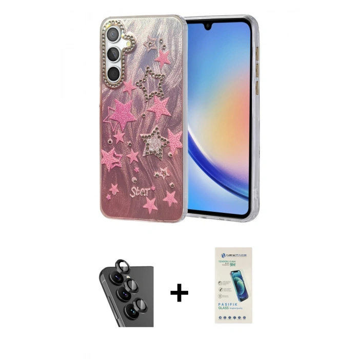 MARSİLYAN™- Galaxy A34 5G Kılıf Zirve Modern Prime - Şeffaf Pasifik Cam Ekran Koruyucu + Valdez Metal Kamera Lens - SH
