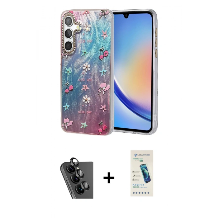 MARSİLYAN™- Galaxy A34 5G Kılıf Zirve Modern Prime - Şeffaf Pasifik Cam Ekran Koruyucu + Valdez Metal Kamera Lens - SH