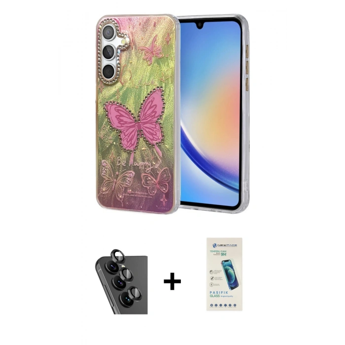 MARSİLYAN™- Galaxy A34 5G Kılıf Zirve Modern Prime - Şeffaf Pasifik Cam Ekran Koruyucu + Valdez Metal Kamera Lens - SH