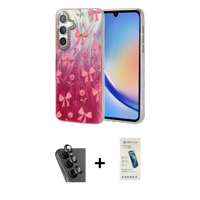 MARSİLYAN™- Galaxy A34 5G Kılıf Zirve Modern Prime - Şeffaf Pasifik Cam Ekran Koruyucu + Valdez Metal Kamera Lens - SH