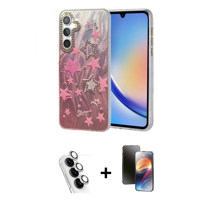 MARSİLYAN™- Galaxy A34 5G Kılıf Zirve Modern Prime - Siyah 3D Antistatik Mat Seramik Nano Ekran Koruyucu + Valdez Metal Kamera Lens - GS