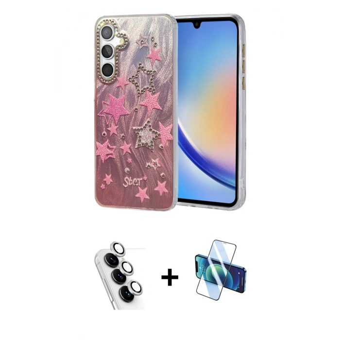 MARSİLYAN™- Galaxy A34 5G Kılıf Zirve Modern Prime - Siyah 3D Antistatik Seramik Nano Ekran Koruyucu + Valdez Metal Kamera Lens - GS