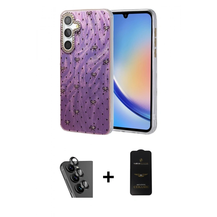 MARSİLYAN™- Galaxy A34 5G Kılıf Zirve Modern Prime - Siyah 6D Antistatik Mat Seramik Hayalet Nano Ekran Koruyucu + Valdez Metal Kamera Lens - SH