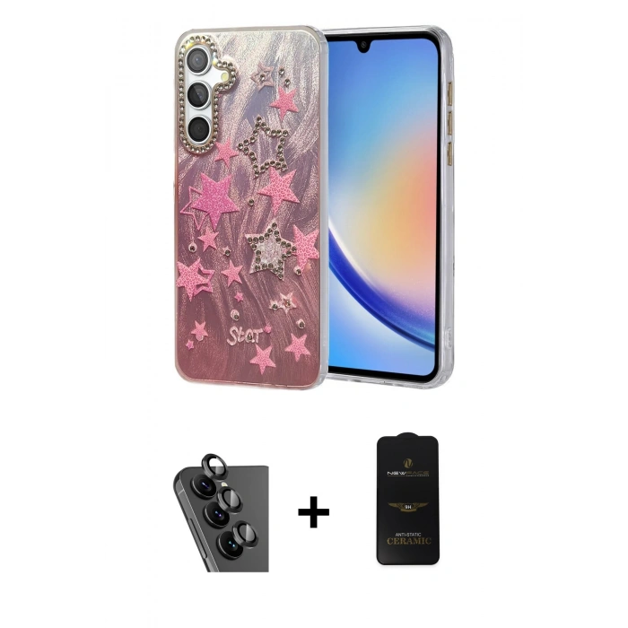 MARSİLYAN™- Galaxy A34 5G Kılıf Zirve Modern Prime - Siyah 6D Antistatik Mat Seramik Hayalet Nano Ekran Koruyucu + Valdez Metal Kamera Lens - SH