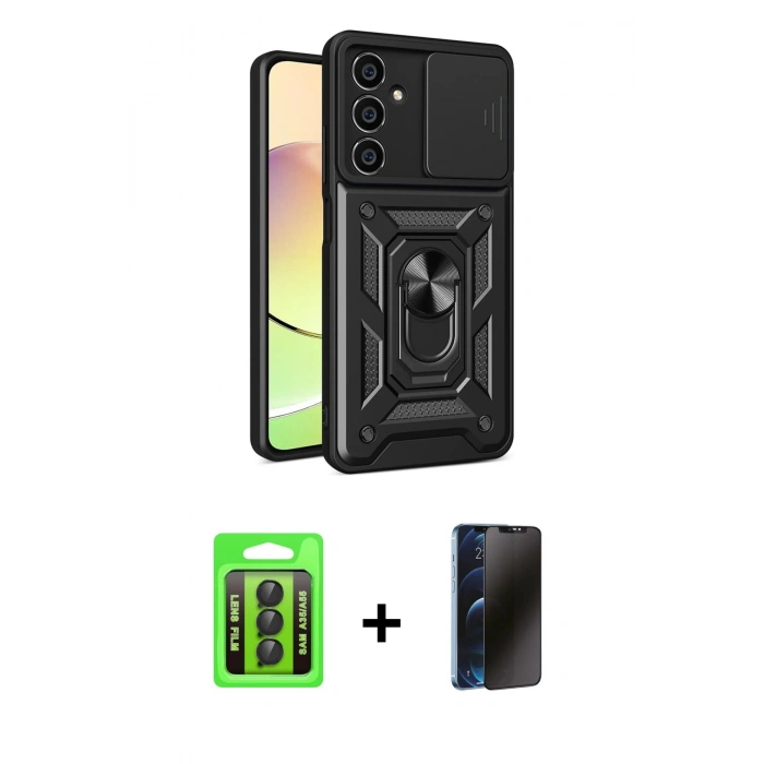 MARSİLYAN™- Galaxy A35 5G Kılıf Ahenk Klasik - Siyah 3D Antistatik Hayalet Cam Ekran Koruyucu + Raze Metal Kamera Lens - SH