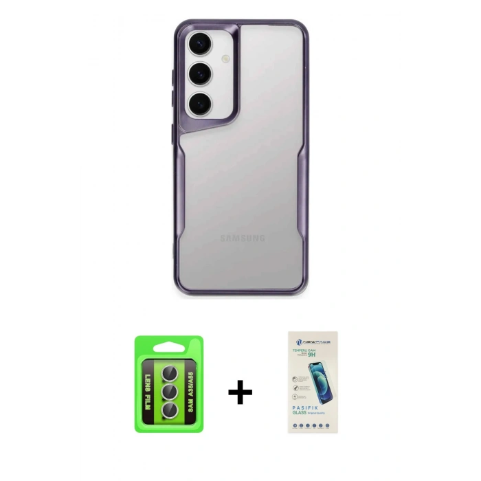 MARSİLYAN™- Galaxy A35 5G Kılıf Akış Çizgi Koleksiyonu - Şeffaf Pasifik Cam Ekran Koruyucu + Raze Metal Kamera Lens - GS