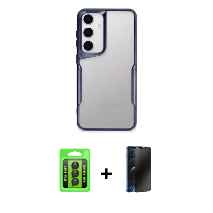MARSİLYAN™- Galaxy A35 5G Kılıf Akış Çizgi Koleksiyonu - Siyah 3D Antistatik Hayalet Cam Ekran Koruyucu + Raze Metal Kamera Lens - SH
