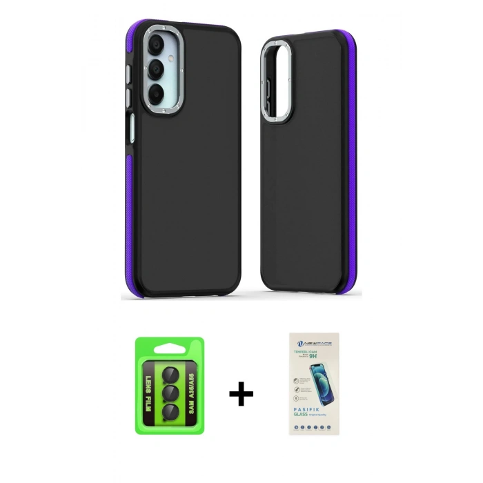 MARSİLYAN™- Galaxy A35 5G Kılıf Eksen Işık - Şeffaf Pasifik Cam Ekran Koruyucu + Raze Metal Kamera Lens - SH
