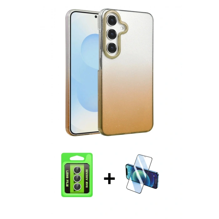 MARSİLYAN™- Galaxy A35 5G Kılıf Kıvılcım Minimal Özel Seri - Siyah 3D Antistatik Seramik Nano Ekran Koruyucu + Gümüş Raze Metal Kamera Lens