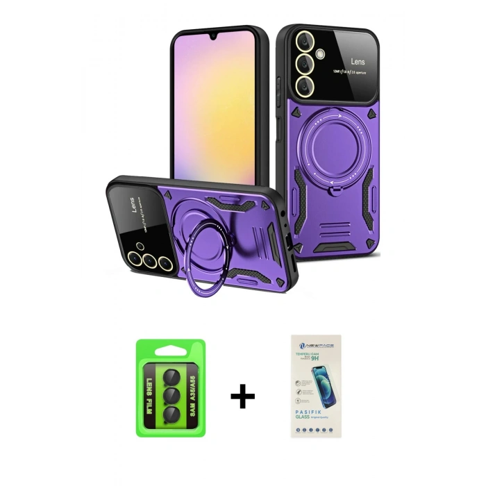 MARSİLYAN™- Galaxy A35 5G Kılıf Kıvılcım Modern Serisi - Şeffaf Pasifik Cam Ekran Koruyucu + Raze Metal Kamera Lens - SH