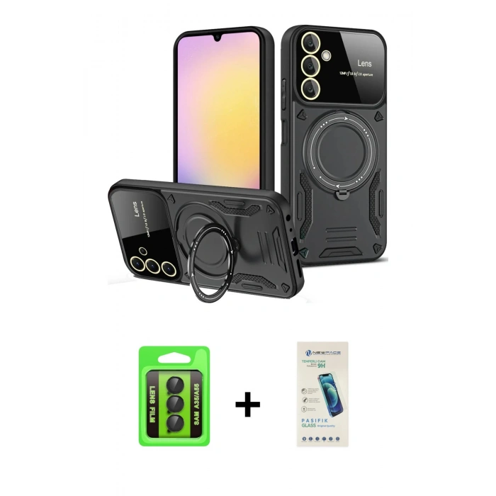 MARSİLYAN™- Galaxy A35 5G Kılıf Kıvılcım Modern Serisi - Şeffaf Pasifik Cam Ekran Koruyucu + Raze Metal Kamera Lens - SH