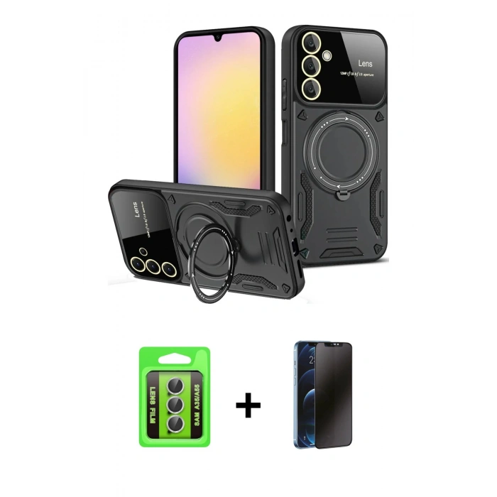 MARSİLYAN™- Galaxy A35 5G Kılıf Kıvılcım Modern Serisi - Siyah 3D Antistatik Hayalet Cam Ekran Koruyucu + Raze Metal Kamera Lens - GS