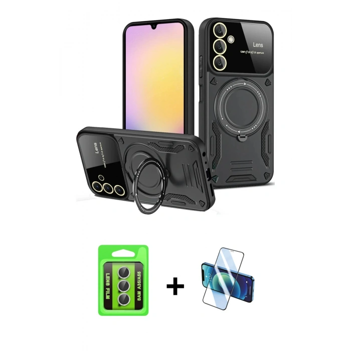 MARSİLYAN™- Galaxy A35 5G Kılıf Kıvılcım Modern Serisi - Siyah 3D Antistatik Seramik Nano Ekran Koruyucu + Raze Metal Kamera Lens - GS