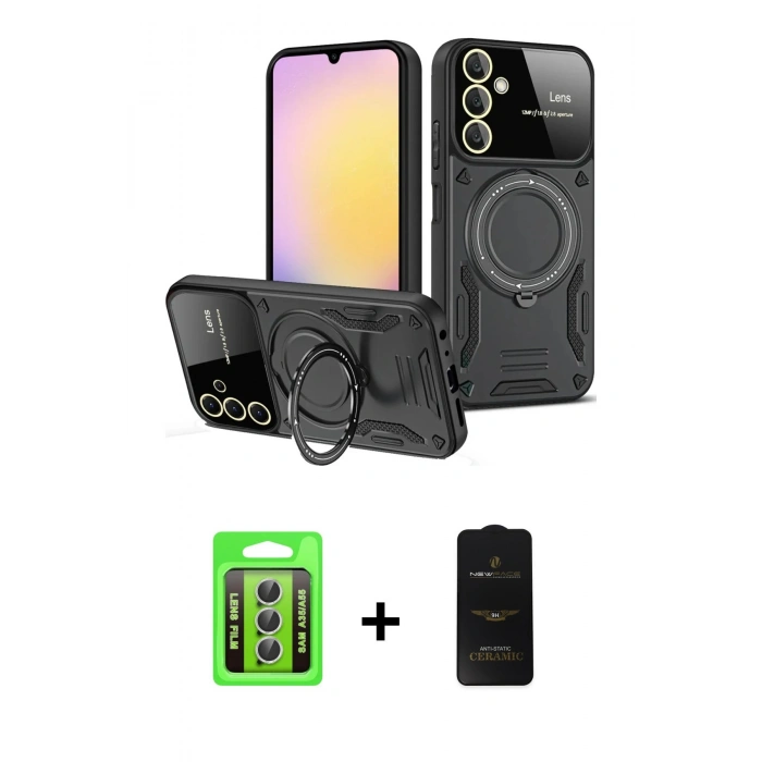 MARSİLYAN™- Galaxy A35 5G Kılıf Kıvılcım Modern Serisi - Siyah 6D Antistatik Mat Seramik Hayalet Nano Ekran Koruyucu + Raze Metal Kamera Lens - GS