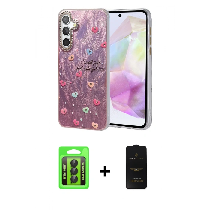 MARSİLYAN™- Galaxy A35 5G Kılıf Zirve Modern Prime - Siyah 6D Antistatik Mat Seramik Hayalet Nano Ekran Koruyucu + Raze Metal Kamera Lens - SH