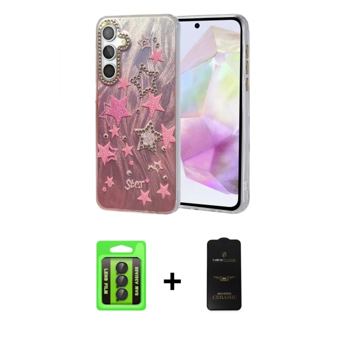 MARSİLYAN™- Galaxy A35 5G Kılıf Zirve Modern Prime - Siyah 6D Antistatik Mat Seramik Hayalet Nano Ekran Koruyucu + Raze Metal Kamera Lens - SH