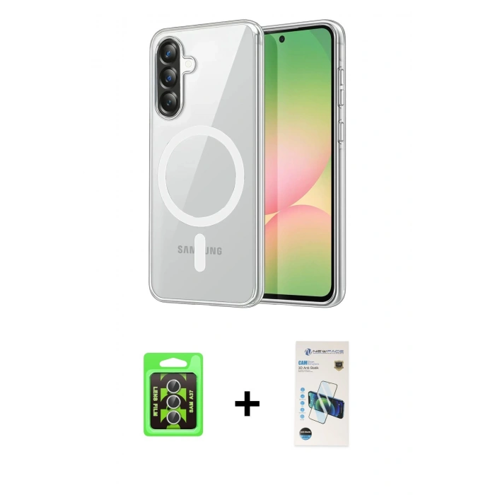 MARSİLYAN™- Galaxy A37 5G Kılıf Ahenk Minimal Serisi - Şeffaf 3D Antistatik Cam Ekran Koruyucu + Raze Metal Kamera Lens - GS