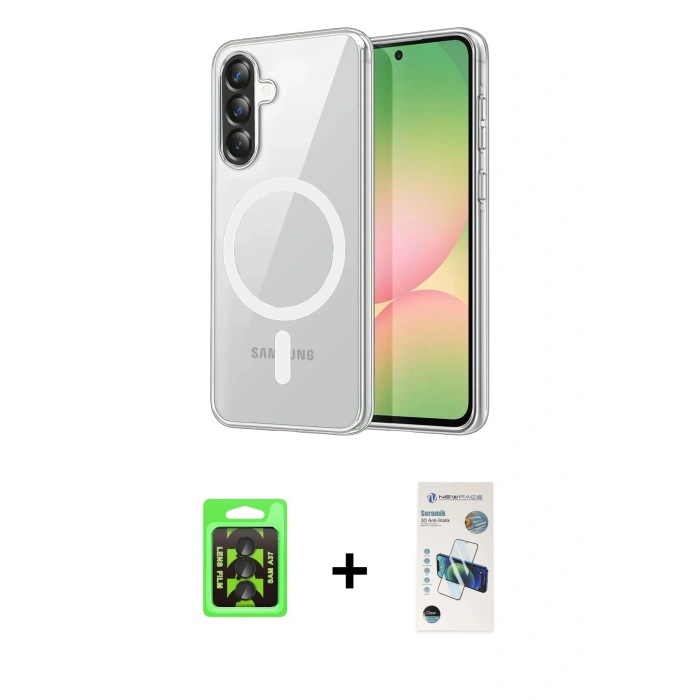 MARSİLYAN™- Galaxy A37 5G Kılıf Ahenk Minimal Serisi - Şeffaf 3D Antistatik Seramik Nano Ekran Koruyucu + Raze Metal Kamera Lens - SH