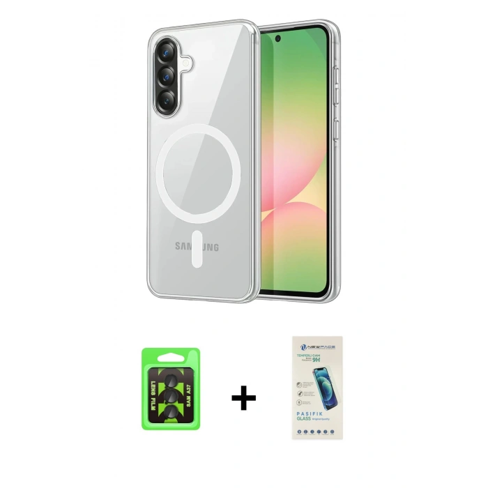 MARSİLYAN™- Galaxy A37 5G Kılıf Ahenk Minimal Serisi - Şeffaf Pasifik Cam Ekran Koruyucu + Raze Metal Kamera Lens - SH