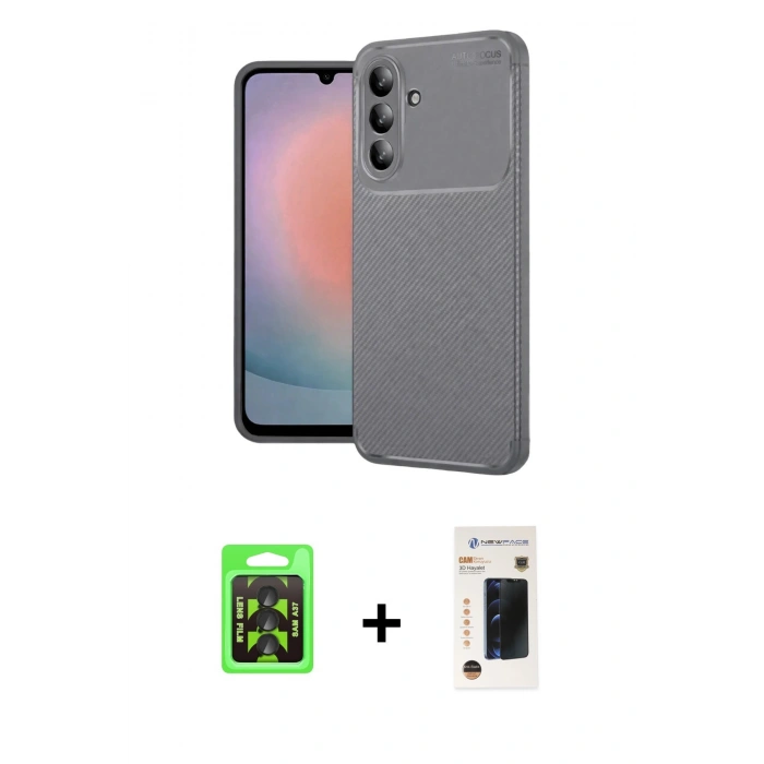 MARSİLYAN™- Galaxy A37 5G Kılıf Eksen Form Prime - Şeffaf 3D Antistatik Hayalet Cam Ekran Koruyucu + Raze Metal Kamera Lens - SH