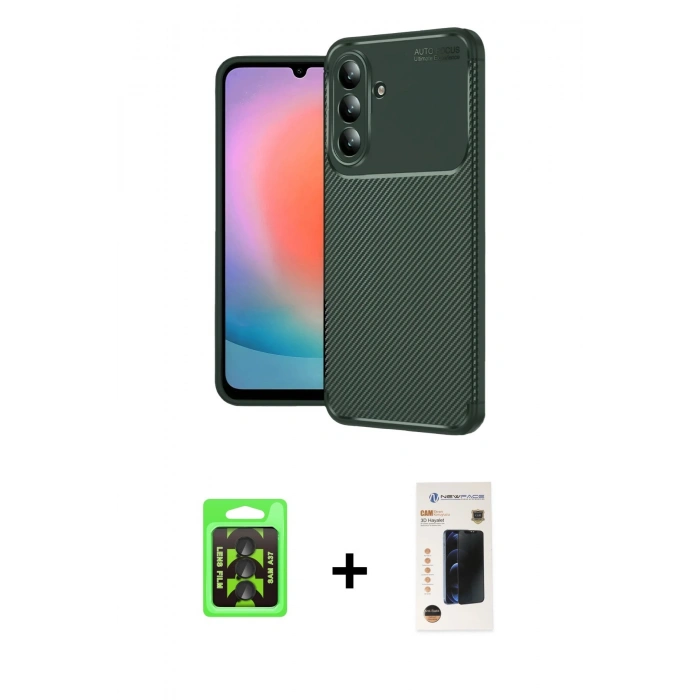 MARSİLYAN™- Galaxy A37 5G Kılıf Eksen Form Prime - Şeffaf 3D Antistatik Hayalet Cam Ekran Koruyucu + Raze Metal Kamera Lens - SH