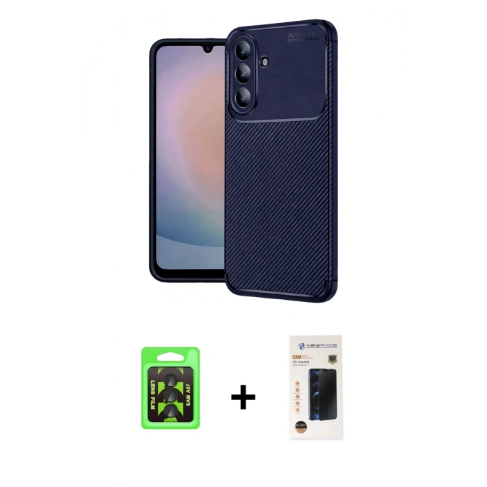 MARSİLYAN™- Galaxy A37 5G Kılıf Eksen Form Prime - Şeffaf 3D Antistatik Hayalet Cam Ekran Koruyucu + Raze Metal Kamera Lens - SH