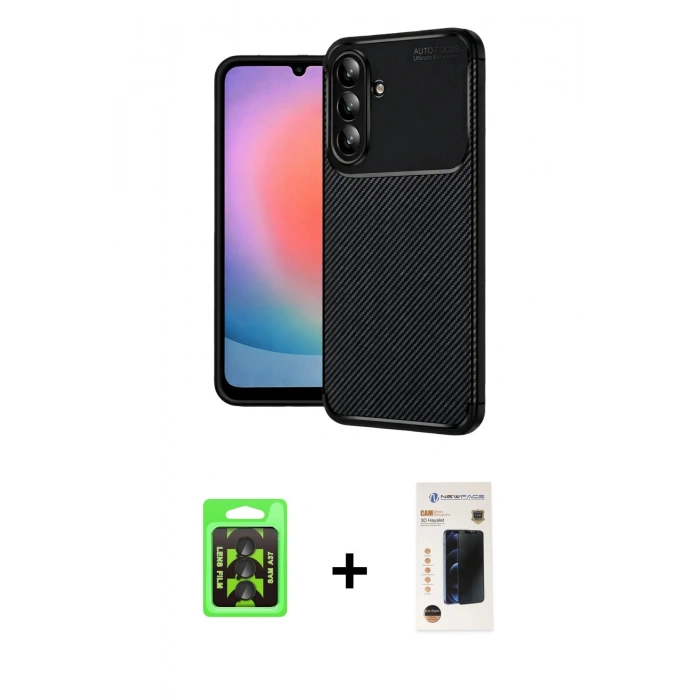 MARSİLYAN™- Galaxy A37 5G Kılıf Eksen Form Prime - Şeffaf 3D Antistatik Hayalet Cam Ekran Koruyucu + Raze Metal Kamera Lens - SH