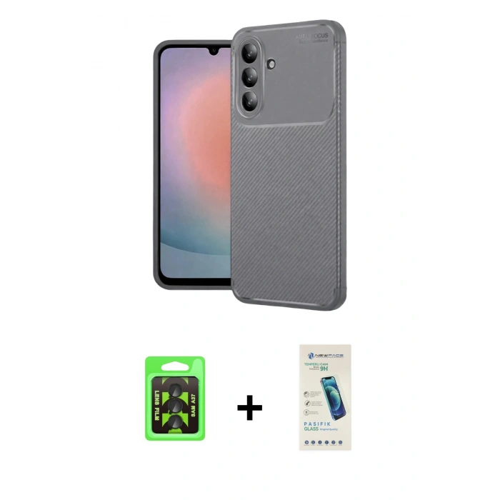 MARSİLYAN™- Galaxy A37 5G Kılıf Eksen Form Prime - Şeffaf Pasifik Cam Ekran Koruyucu + Raze Metal Kamera Lens - SH
