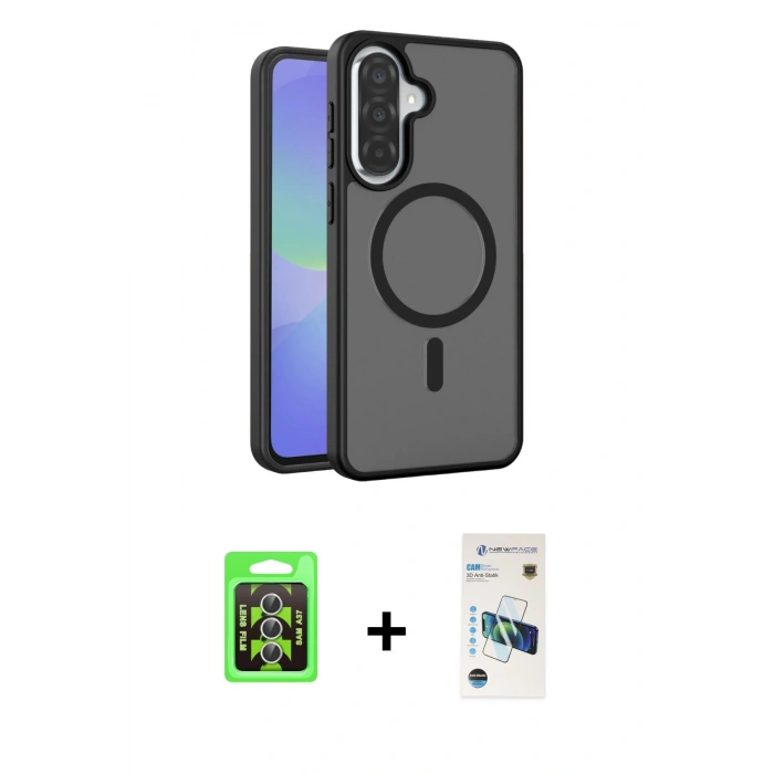 MARSİLYAN™- Galaxy A37 5G Kılıf Siluet Minimal Prime - Şeffaf 3D Antistatik Cam Ekran Koruyucu + Raze Metal Kamera Lens - GS