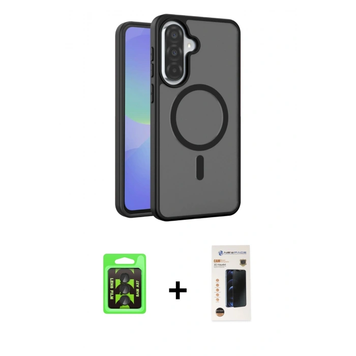 MARSİLYAN™- Galaxy A37 5G Kılıf Siluet Minimal Prime - Şeffaf 3D Antistatik Hayalet Cam Ekran Koruyucu + Raze Metal Kamera Lens - SH