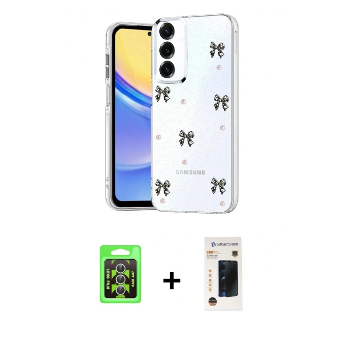 MARSİLYAN™- Galaxy A37 5G Kılıf Yörünge Form - Şeffaf 3D Antistatik Hayalet Cam Ekran Koruyucu + Raze Metal Kamera Lens - GS
