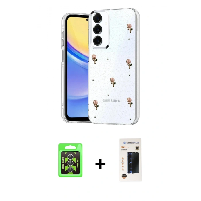 MARSİLYAN™- Galaxy A37 5G Kılıf Yörünge Form - Şeffaf 3D Antistatik Hayalet Cam Ekran Koruyucu + Raze Metal Kamera Lens - GS
